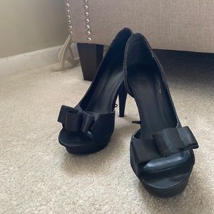 Black satin bow heels